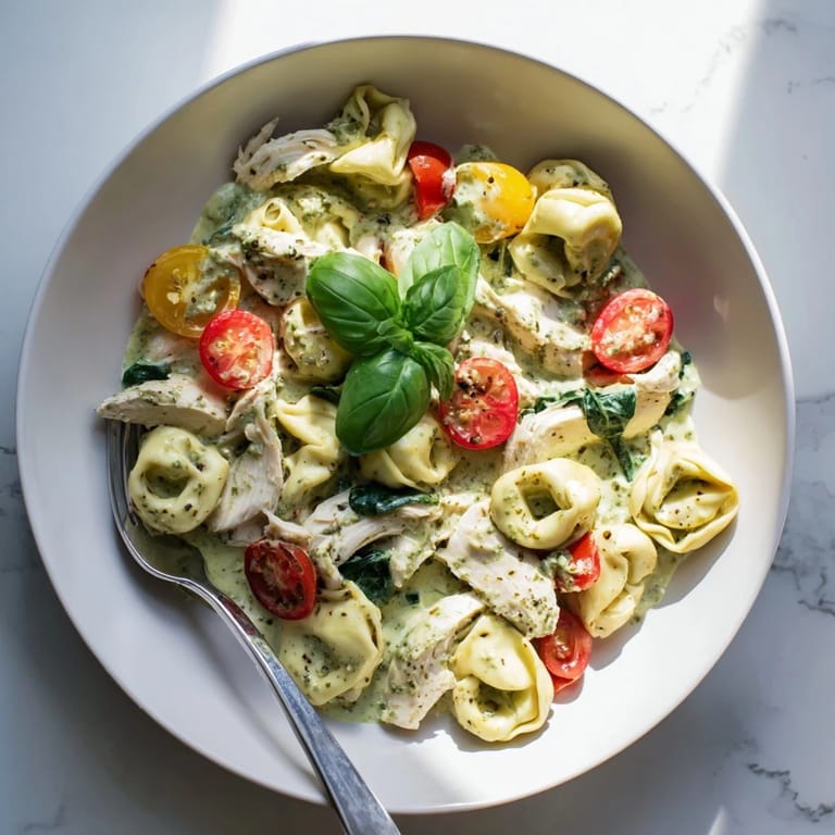 Savory creamy pesto tortellini skillet served hot, paired with a glass of white wine for an easy weeknight dinner.