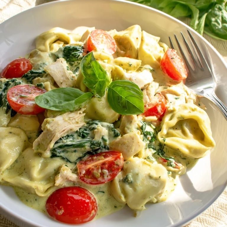 A close-up of cheesy tortellini coated in creamy pesto sauce, garnished with fresh basil and cherry tomatoes.