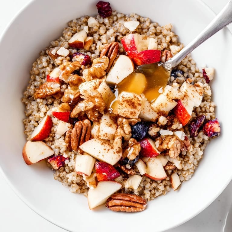 Healthy Buckwheat Groats Breakfast with fresh fruit and crunchy nuts, served with milk on the side.