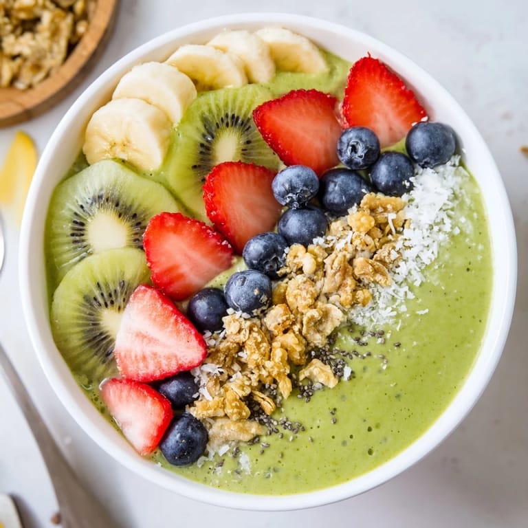 Creamy spinach smoothie bowl served in a bowl, garnished with sliced bananas, chia seeds, and shredded coconut.