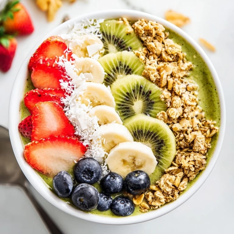 Healthy Green Smoothie Bowl with a thick, blended spinach base and colorful fruit toppings for a refreshing breakfast.