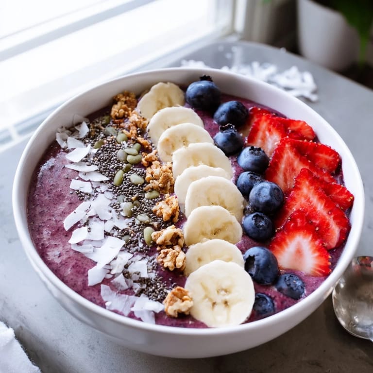 Lush acai berry smoothie bowl featuring almond butter swirls, pumpkin seeds, and a rainbow of fresh fruit toppings.