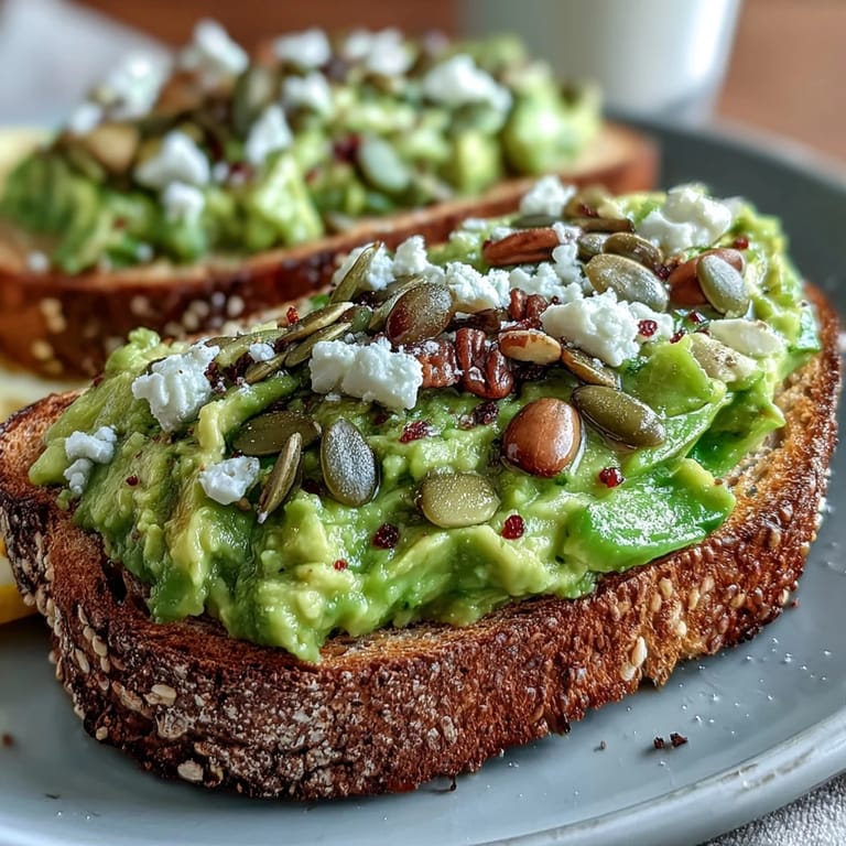 Hearty avocado toast on whole grain bread, garnished with crumbled feta and fresh lemon juice for a bright, savory breakfast or snack.
