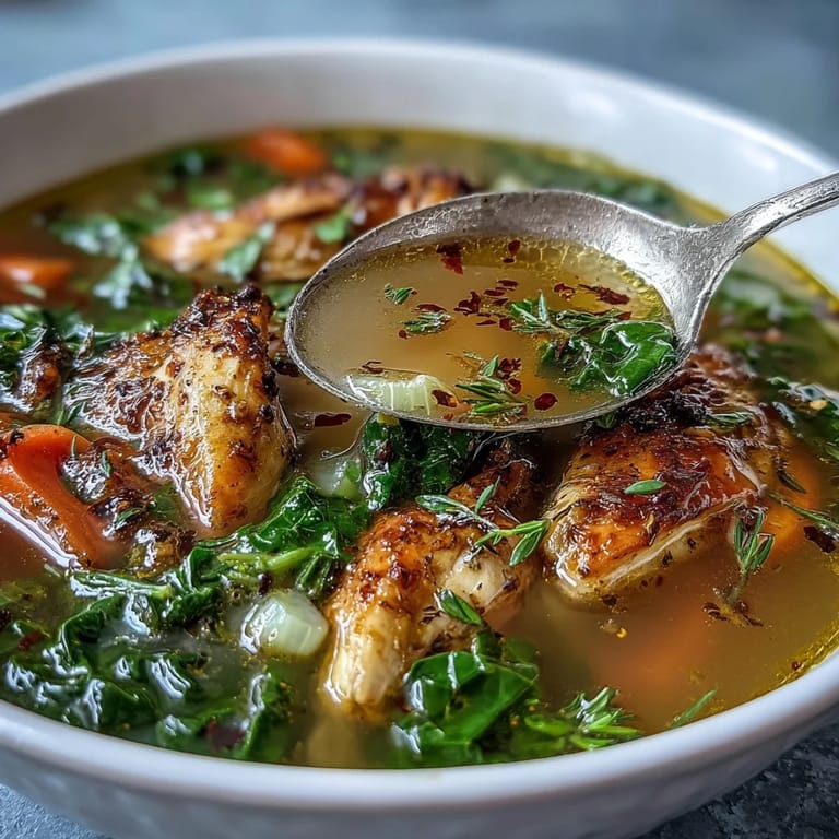 Healthy High Protein Lemon and Turmeric Chicken Soup served hot with fresh herbs and a spoon.