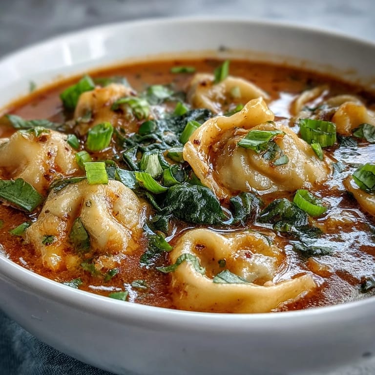 Vibrant Red Curry Wonton Soup With Greens served hot, topped with fresh snow peas and chili slices.