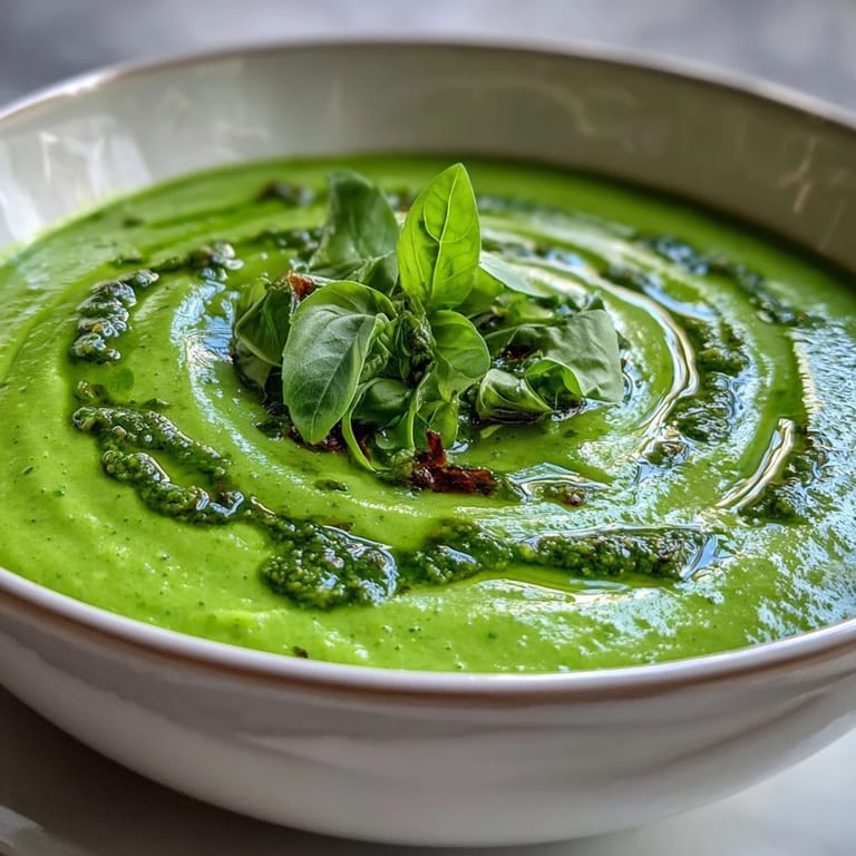 A vibrant green soup topped with pesto swirls served alongside crusty artisan bread.