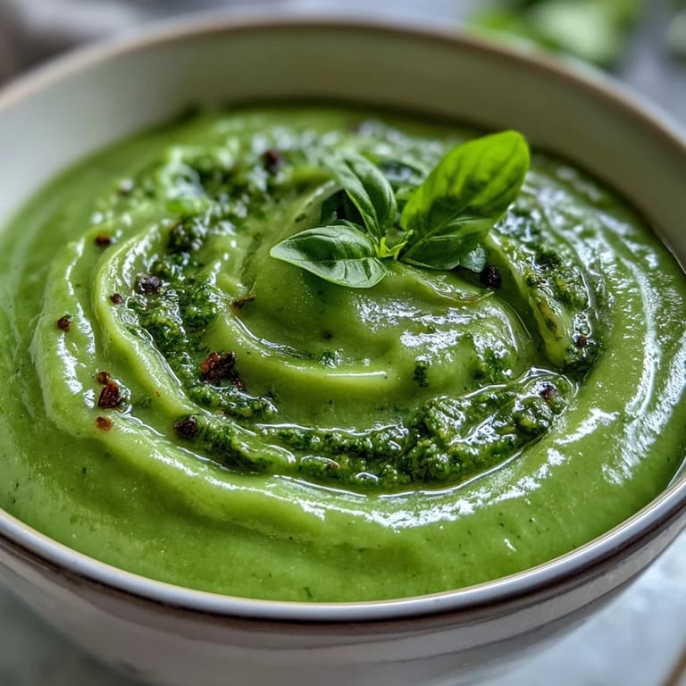 Courgette, Pea and Pesto Soup blends tender vegetables and herbs for a creamy finish.