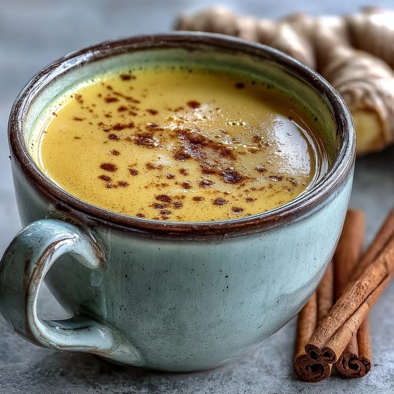 A ceramic mug of golden-hued Turmeric and Ginger Golden Milk, topped with a light dusting of cinnamon, resting on a wooden table.