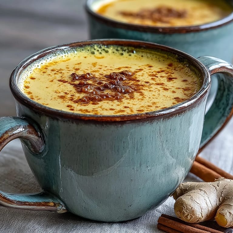 Turmeric and Ginger Golden Milk in a clear glass mug, showing creamy, warmly spiced liquid, with honey and fresh ginger nearby.