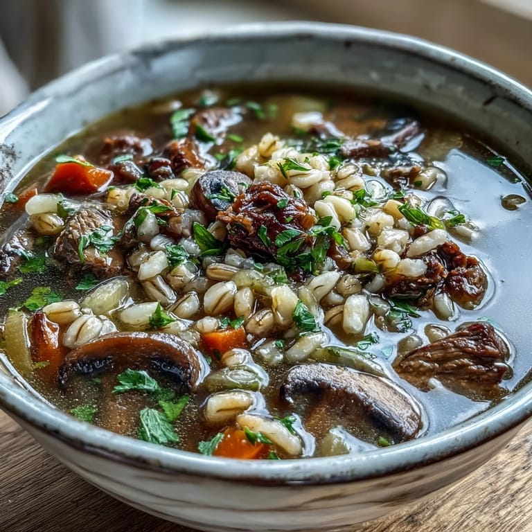 Hearty Vegetable Beef, Barley, and Mushroom Soup simmering in a pot, featuring cremini mushrooms, potatoes, and a sprinkle of thyme.