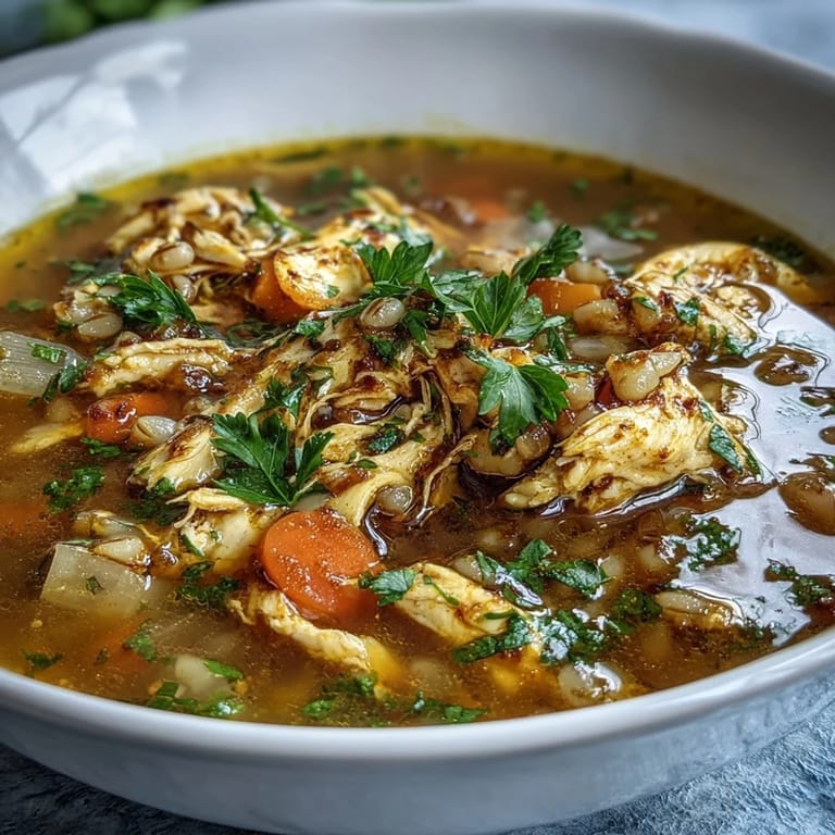 Overhead view of Soothing Turmeric Chicken With Pearl Barley, garnished with fresh parsley and served with lemon wedges.