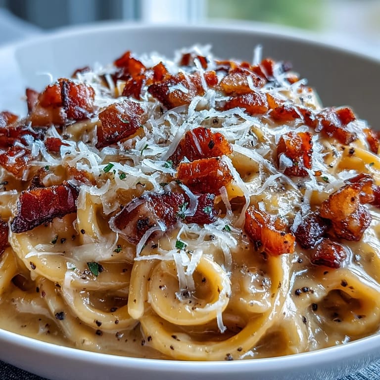Savory low-carb Celeriac Carbonara plated for dinner, with extra Parmesan and a side salad, capturing steam rising from the creamy dish.