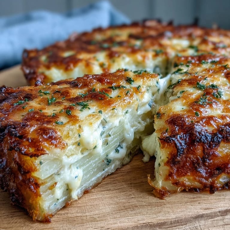 Layered slices of creamy Yukon Gold potatoes and savory onions in a vegetarian Cheese and Potato Pie.