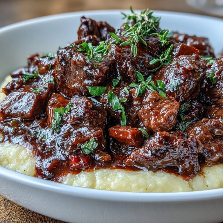 A warming bowl of Venison Stew with Sloe Gin and Polenta, perfect for a cozy winter dinner.  