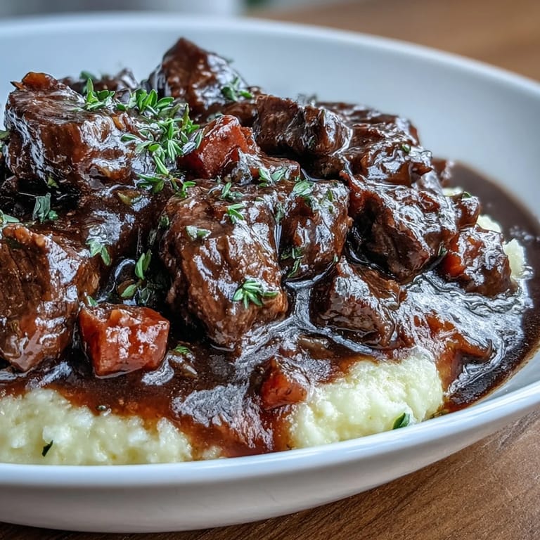 Savory Venison Stew with Sloe Gin and Polenta features glossy sauce and fluffy golden polenta for serving.