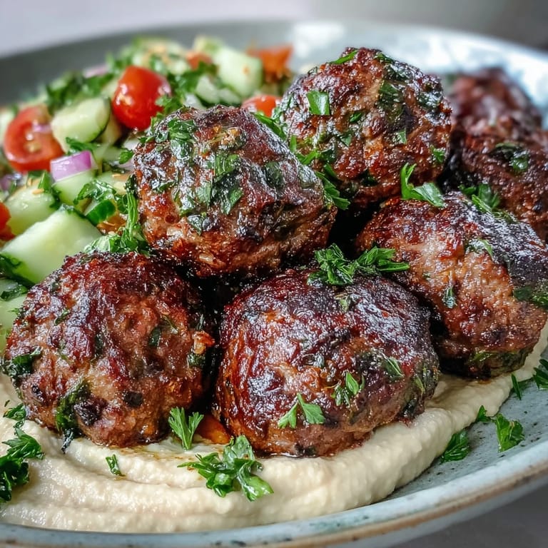 Freshly made hummus topped with tender venison meatballs and a crisp cucumber and tomato salad garnish.