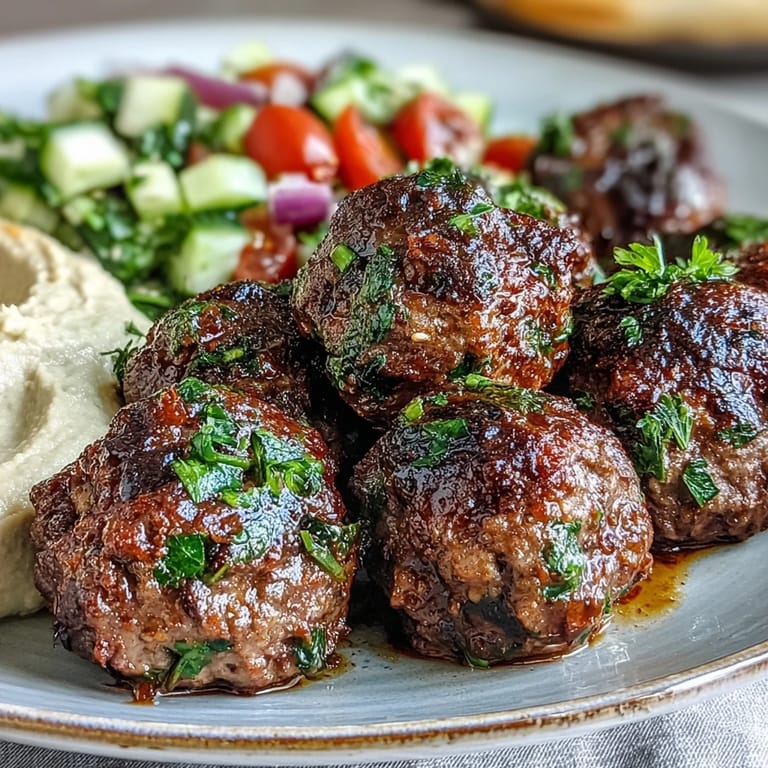 A rustic plate of spiced venison meatballs, creamy hummus, and a minty salad for a Mediterranean-inspired meal.