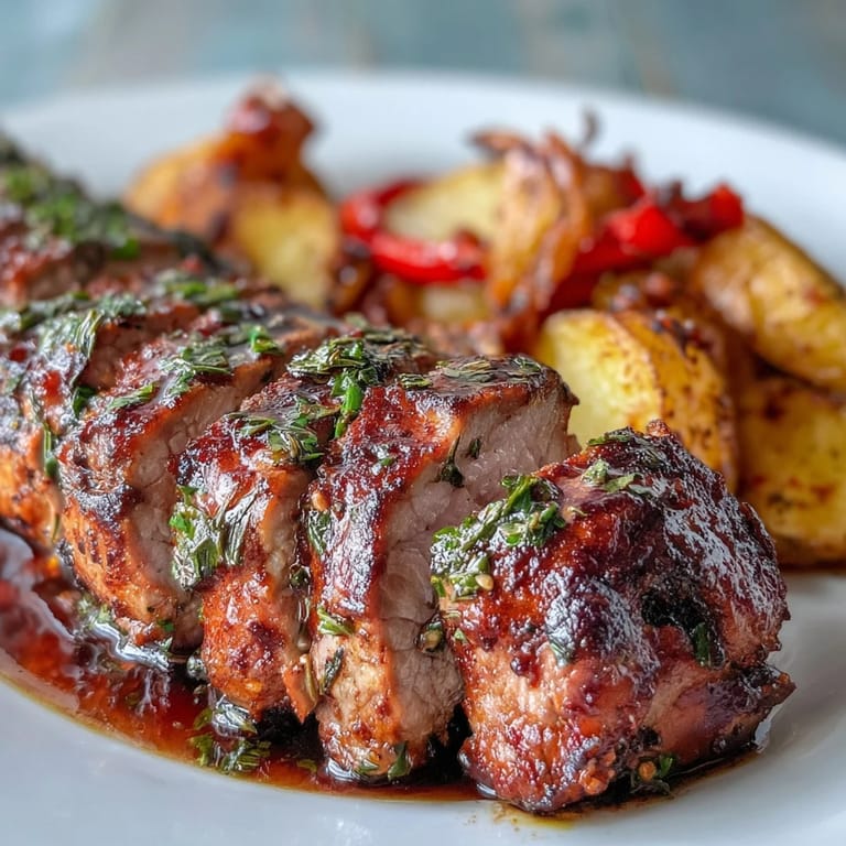 Garlic-rosemary Ibérico pork fillet sliced, served with crispy smoked paprika potatoes and tender caramelized red peppers.