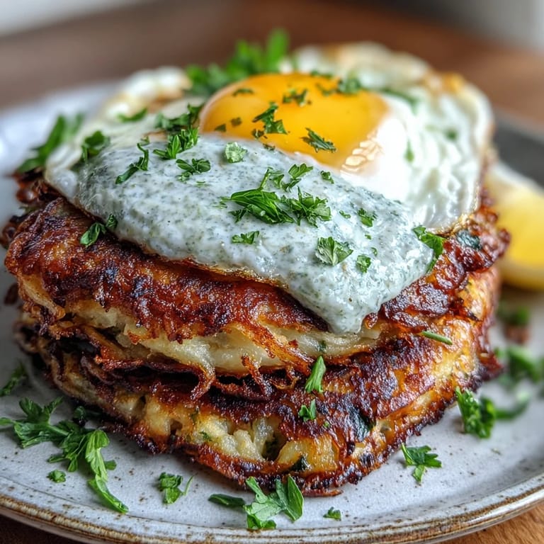 A plate of gluten-free celeriac rösti with creamy harissa yogurt sauce and a perfectly fried egg.