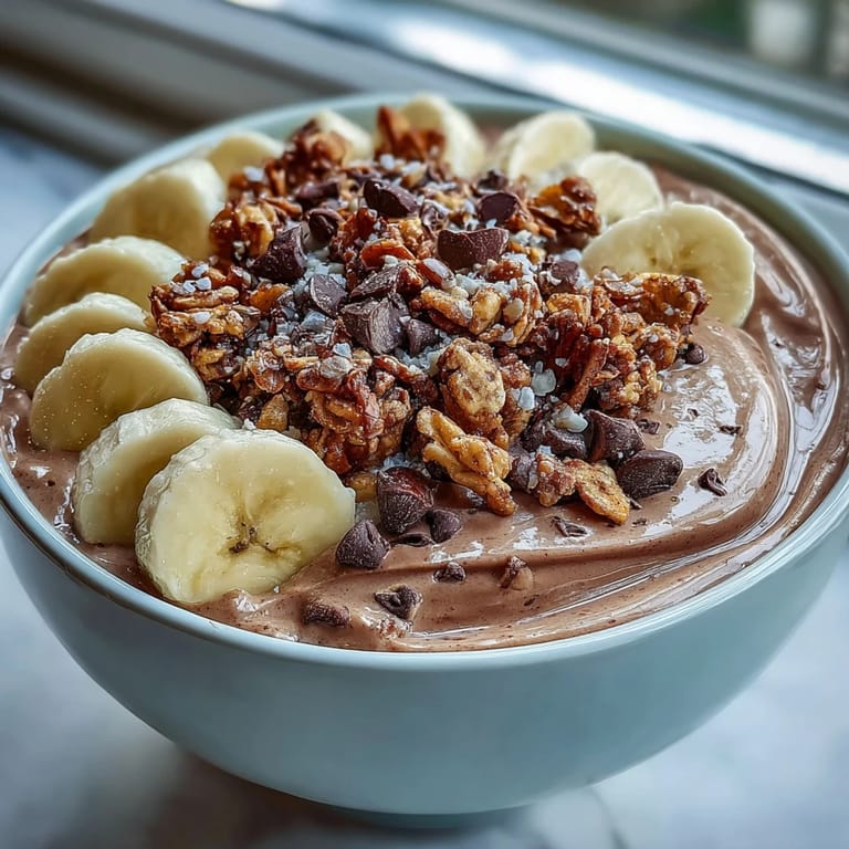 A thick and creamy chocolate peanut butter smoothie bowl finished with crunchy cacao nibs and hemp seeds.