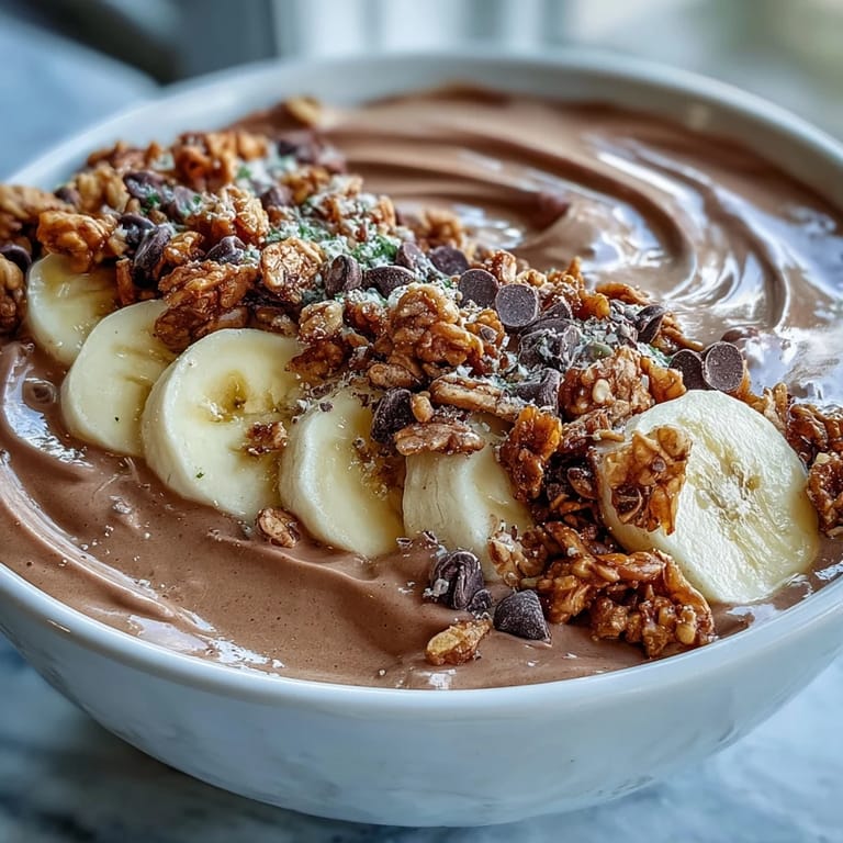 Chunky Monkey Smoothie Bowls served immediately with a spoon, showcasing rich cocoa and banana slices.