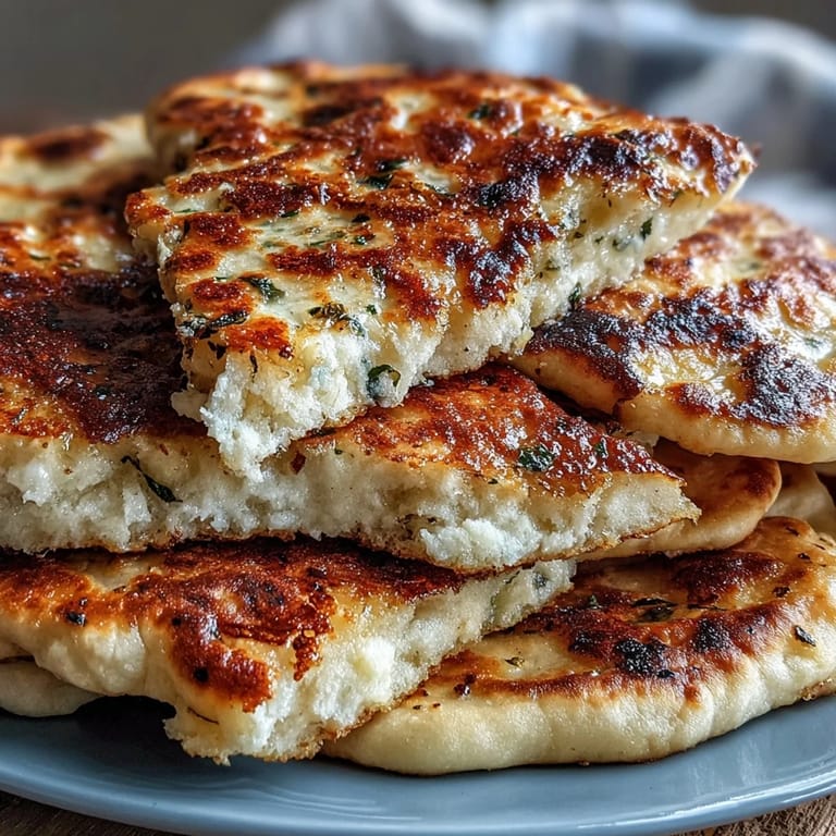 Stack of fluffy The Best Easy Garlic Naan Bread served beside a bowl of creamy curry.
