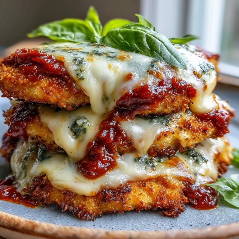 Oven-baked Pesto Chicken Parmesan with bubbling cheese, fresh basil, and rich marinara sauce on a dinner plate.