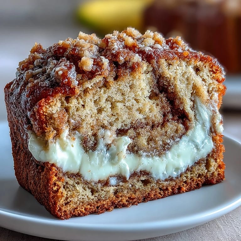 Golden loaf of Cream Cheese Cinnamon Swirl Banana Bread cooling on a wire rack with cinnamon sticks and ripe bananas nearby.