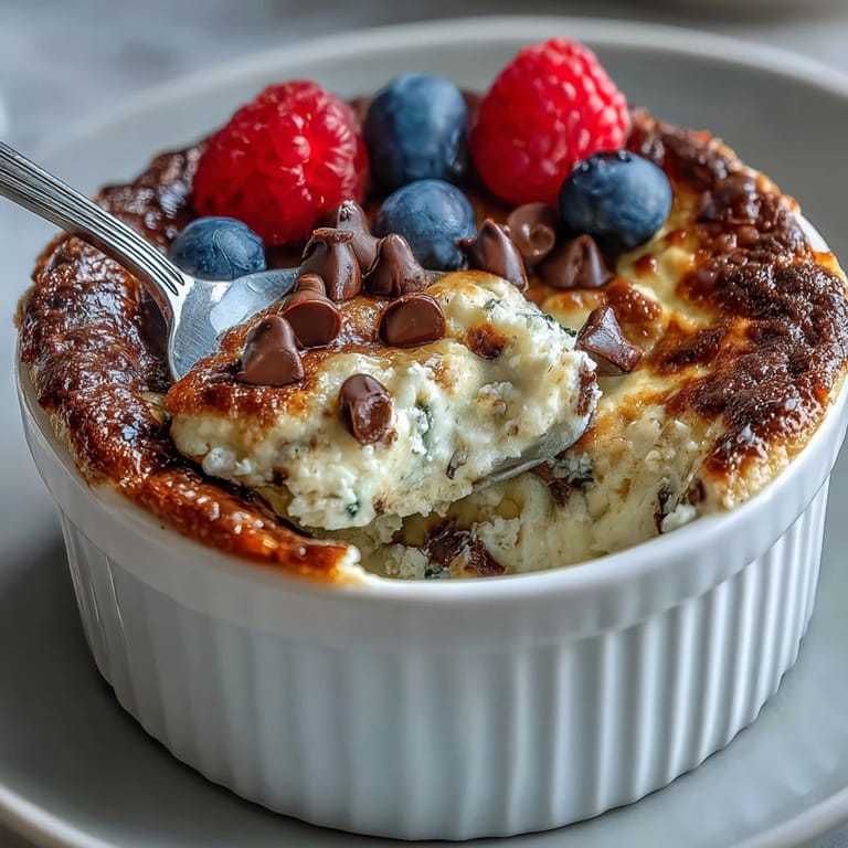 Warm Baked Protein Pancake Bowl topped with peanut butter and maple syrup at breakfast.