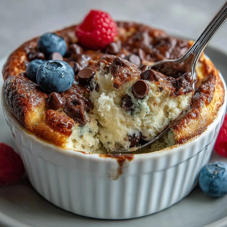 Fluffy single-serve Baked Protein Pancake Bowl with mixed berries and chocolate chips.