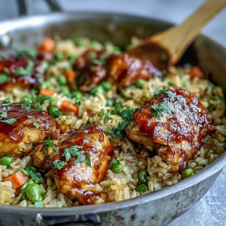 A close-up of One-Pan Bold Honey BBQ Chicken Rice reveals sticky honey BBQ glaze coating juicy chicken thighs and fluffy long-grain rice.