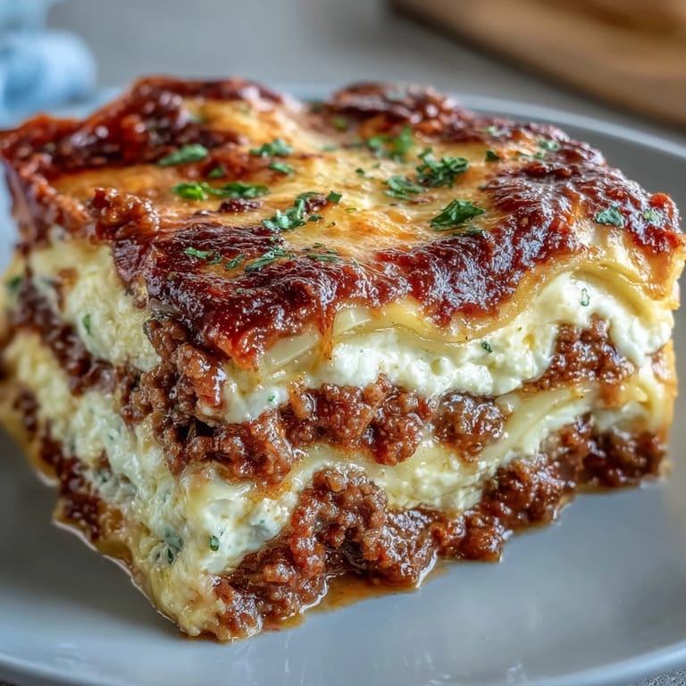 Slices of hearty World's Best Lasagna on a white plate, served alongside a fresh green salad and garlic bread.