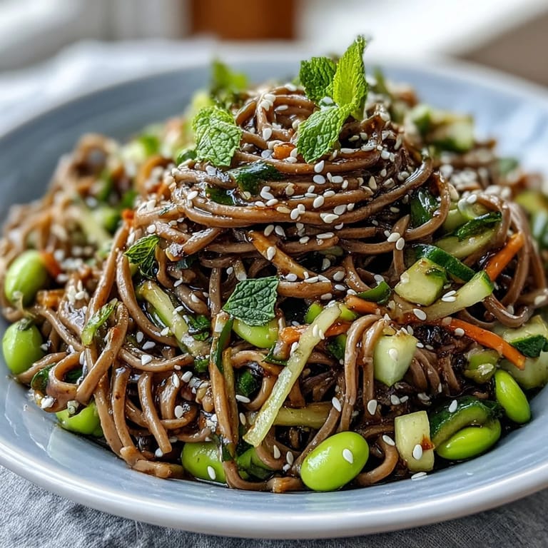 Forklifted Soba Noodle Bowl with crunchy cucumber, carrots, scallions, and edamame for a light vegetarian meal.