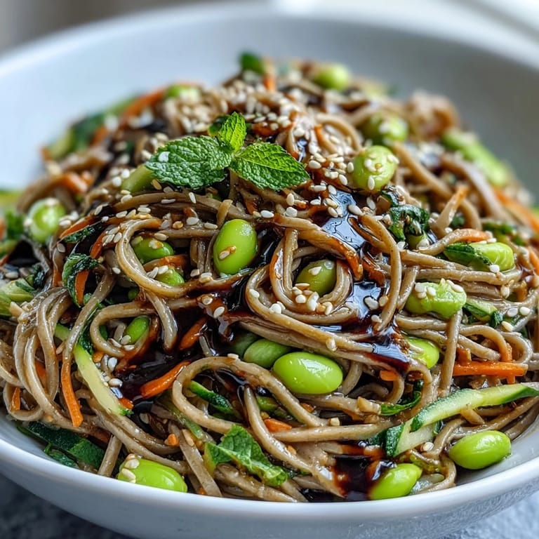 Soba Noodle Bowl tossed in sesame dressing and topped with fresh herbs, served on a white ceramic plate.