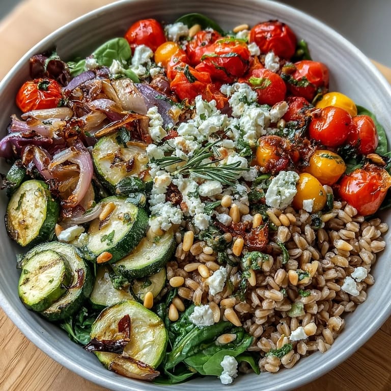 Warm farro pasta dish served in a white bowl, featuring vibrant red onions, garlic, spinach, and juicy tomatoes, drizzled with oregano dressing and ready for a light lunch.