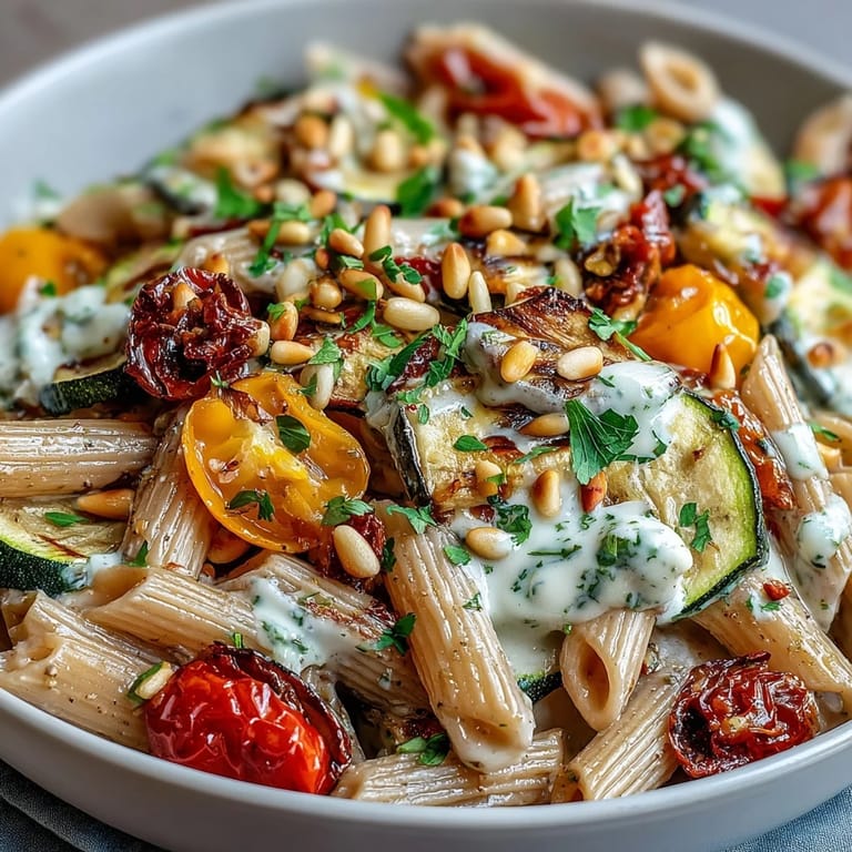 Hearty whole wheat pasta with roasted zucchini, bell peppers, and protein-rich creamy white bean sauce.