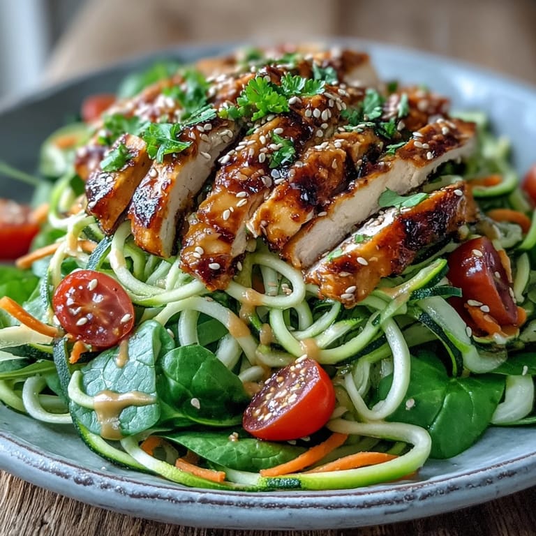A nourishing spiralized vegetable bowl featuring zucchini noodles, sweet potatoes, spinach, cherry tomatoes, and fresh parsley garnish.