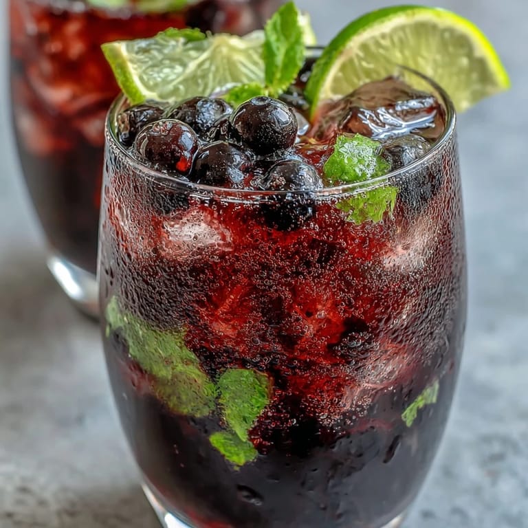 Two tall glasses of homemade Tangy Blackcurrant Mojito filled with ice, soda water, and rich purple syrup, set on a bright wooden table. 