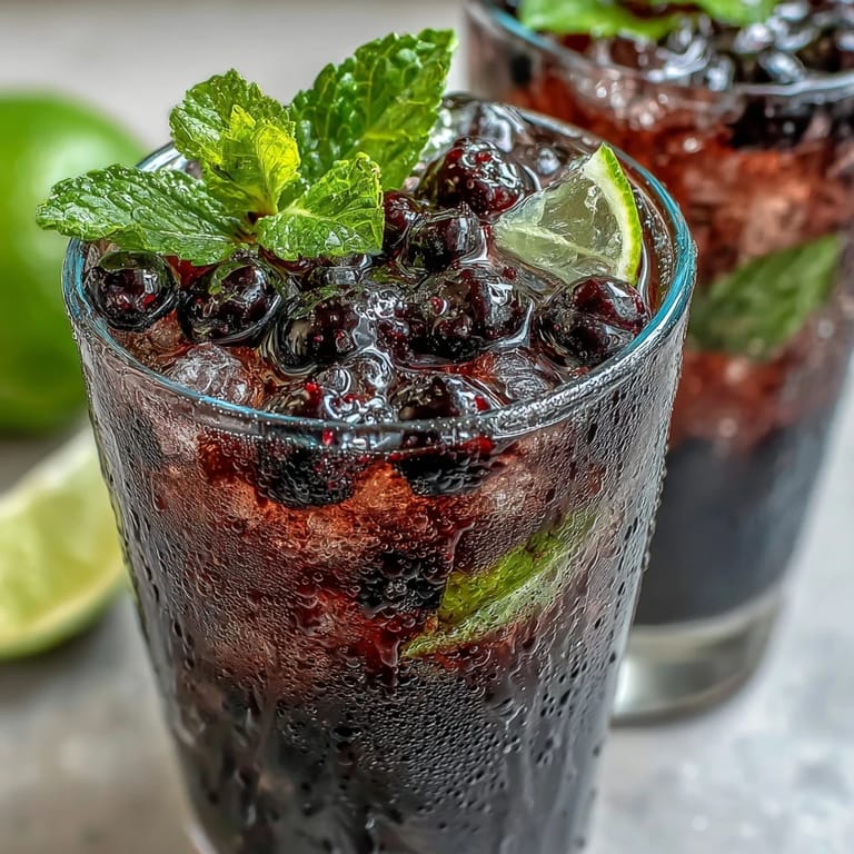 A refreshing Black Currant Mojito prepared in a sturdy glass, topped with fizzy soda water and fresh black currants.