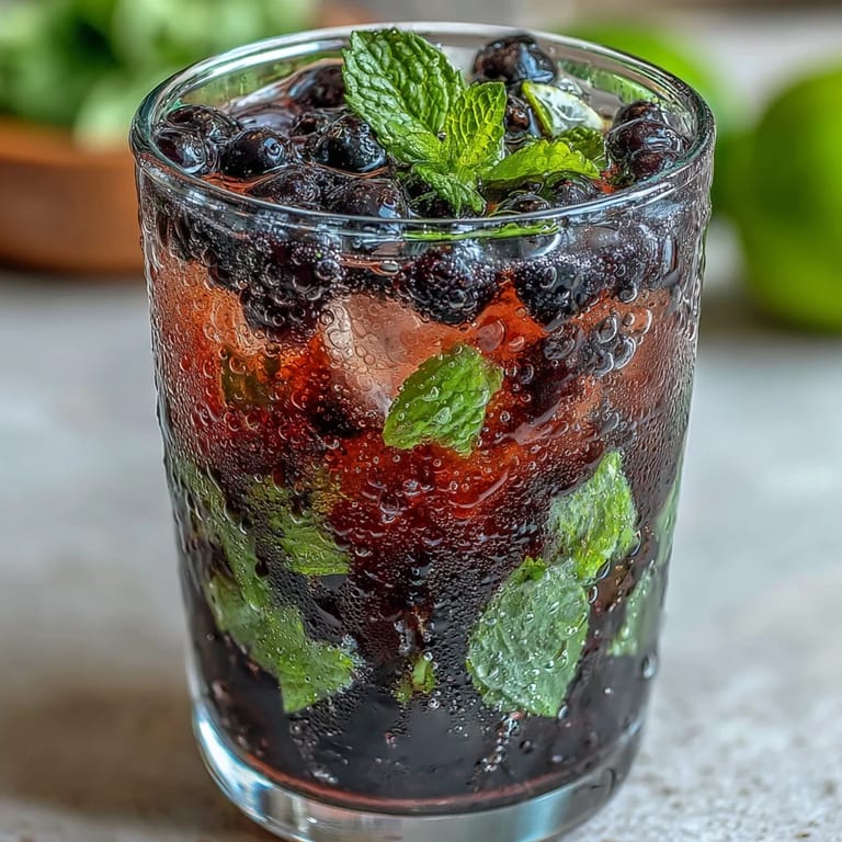 Close-up of a Black Currant Mojito featuring muddled mint leaves, white rum, and a sweet black currant jam swirl.