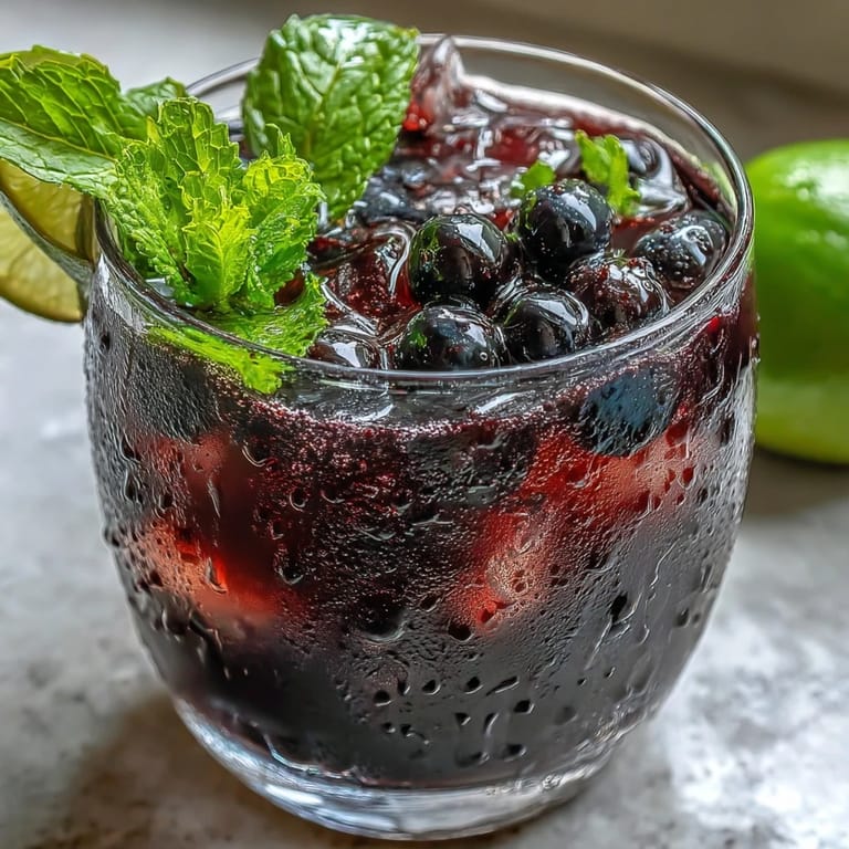 Black Currant Mojito served over crushed ice, featuring muddled mint, lime juice, and a splash of club soda for a bubbly summer drink.