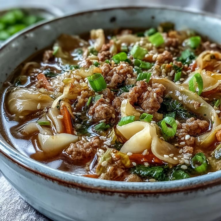 Close-up of Cozy One-Pot Egg Roll Soup featuring tender pork ribbons, shredded carrots, and cabbage in a savory ginger broth.