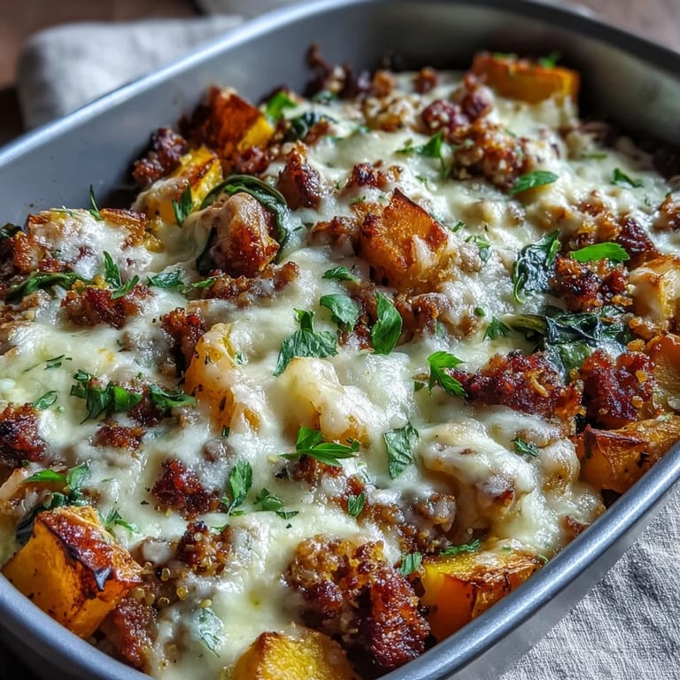 A hearty serving of Cozy Butternut Squash & Sausage Casserole on a rustic plate, garnished with fresh parsley and served alongside a green salad.