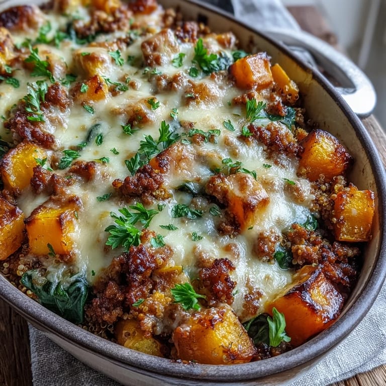 Freshly baked Cozy Butternut Squash & Sausage Casserole in a glass baking dish, showcasing golden bubbly cheese and colorful ingredients bubbling in the oven.