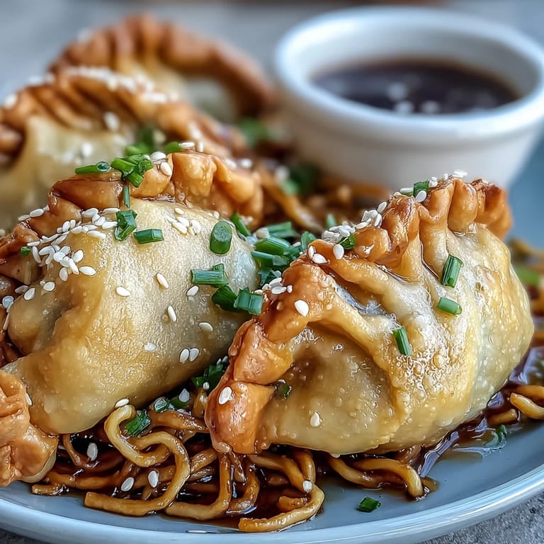 This vegetarian Potsticker Noodle Bowl is served hot, topped with green onions and sesame seeds for garnish.