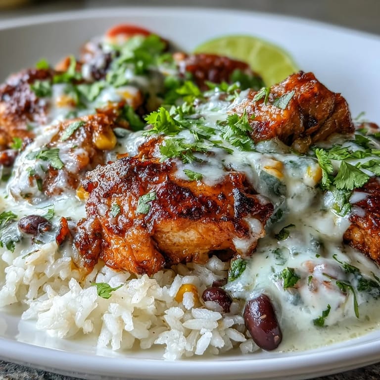 Close-up of tender, spiced chicken and vibrant rice with corn and black beans, smothered in gooey queso for this Pollo Loco dish.