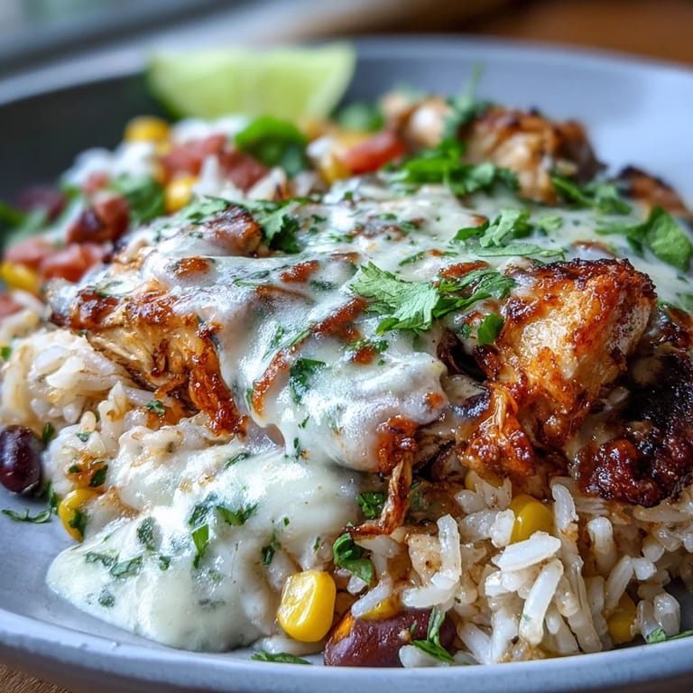 A serving of Pollo Loco Mexican Chicken and Rice with Queso in a skillet, garnished with fresh cilantro and lime wedges for brightness.