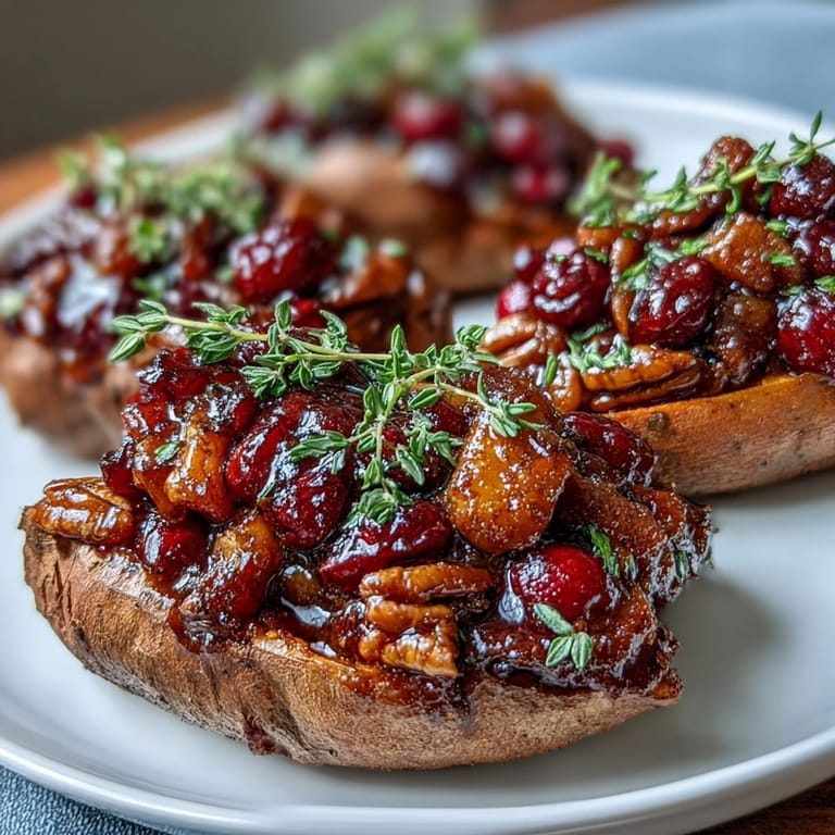 Warm, festive side dish of Cranberry Apple Twice Baked Sweet Potatoes topped with maple syrup, sliced almonds, and a sprinkle of flaky sea salt.