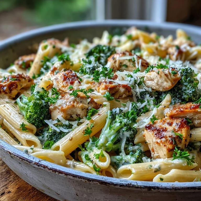 Creamy Garlic Parmesan Broccoli & Chicken Pasta with tender chicken and bright green broccoli florets, perfect for weeknight dinner.