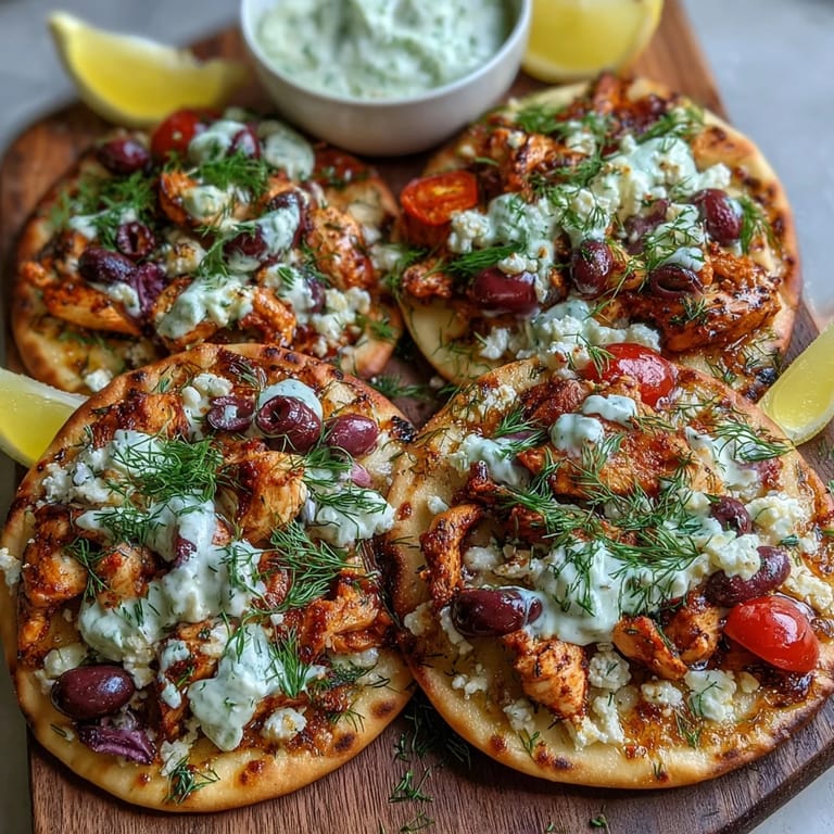 Sizzling Lemon Feta Chicken Naan Pizza fresh from the oven, featuring melted mozzarella, feta, and juicy cherry tomatoes on crisp naan.
